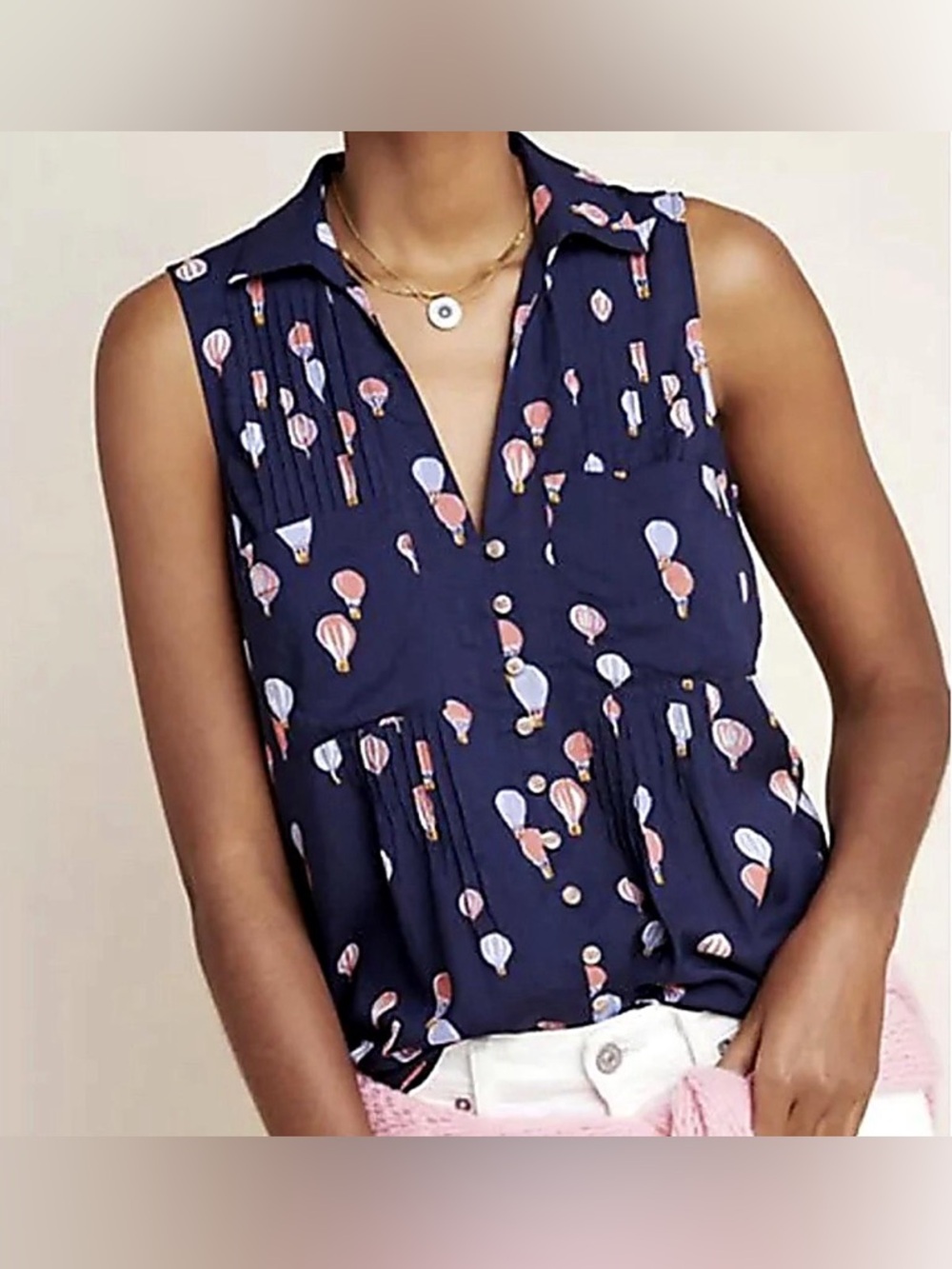 Anthropologie Maeve Hot Air Balloon Print Sleeveless Blouse Womens S Petite